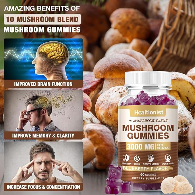 2 Packs 3000MG Mushroom Complex Gummies 10 Blend - Lion's Mane Gummies for Adults, Cordyceps, Shiitake, Reishi, Chaga, Brain, Immune Support & Stress Relief, Energy Mushroom Supplement for Men & Women
