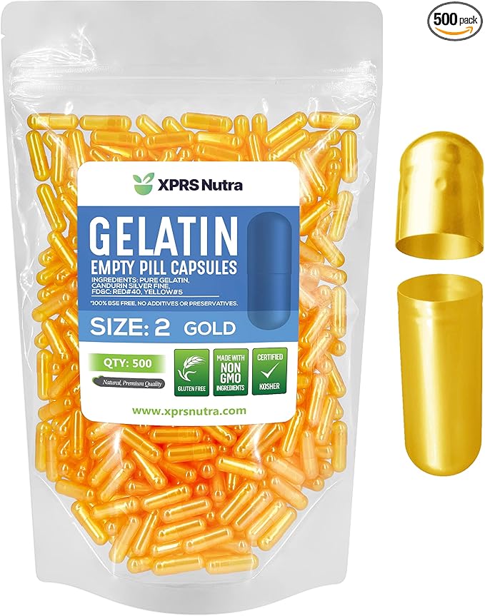 XPRS Nutra Size 2 Empty Capsules - 500 Count Empty Gelatin Capsules - Empty Pill Capsules - DIY Capsule Filling - Pure Bovine Pill Capsules Empty Gel Caps (Gold)