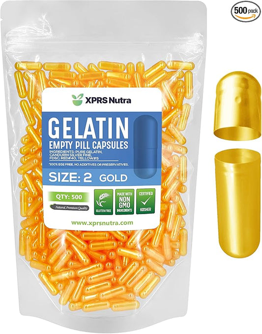 XPRS Nutra Size 2 Empty Capsules - 500 Count Empty Gelatin Capsules - Empty Pill Capsules - DIY Capsule Filling - Pure Bovine Pill Capsules Empty Gel Caps (Gold)