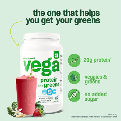 Vega Protein and Greens Protein Powder, Vanilla 20g Plant 1.2 lbs