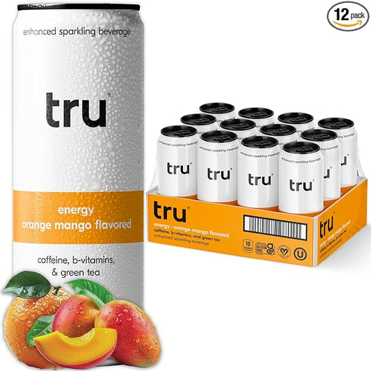 Tru Energy Seltzer, Clean Energy Drink with B-Vitamins, Mango Flavor, Sparkling Water, 100mg Natural Caffeine, Kosher, Gluten-Free, Vegan, Low-Calorie, No Sugar Added, 12oz (Pack of 12)