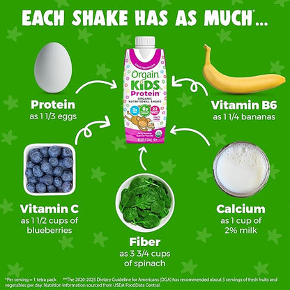 Orgain Organic Kids Nutritional Protein Shake, 8g Dairy 4g Fiber, 22 Vitamins 8.25 Fl 12)