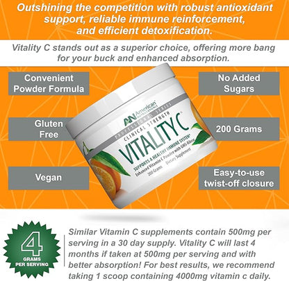 Vitamin C Powder - Supplement for Immune Support - Natural, Sugar Free -Non-Acidic - No Upset Stomach - 4000mg