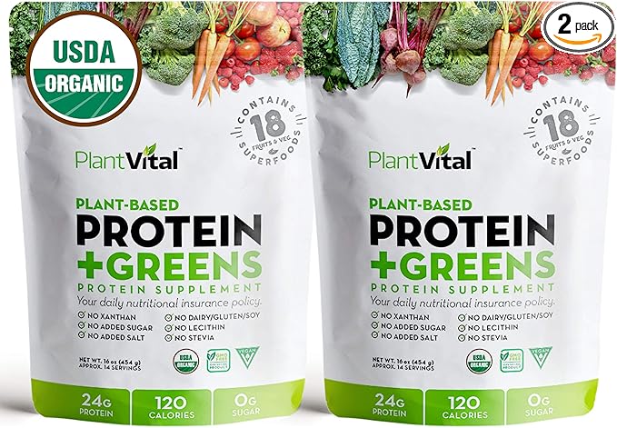 Plantvital Unflavored Organic Vegan Protein Powder 18 Superfoods, 16oz (Pack 2)
