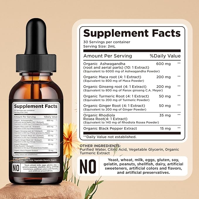 Organic Liquid Ashwagandha Drops for Women 7in1 Ashwagandha -4 Oz 2 Pack
