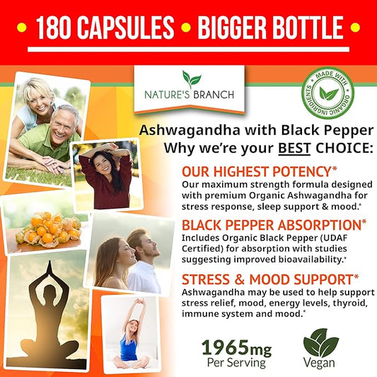 UDAF Certified Organic Ashwagandha with Black Pepper 180 Capsules 1965mg Extra