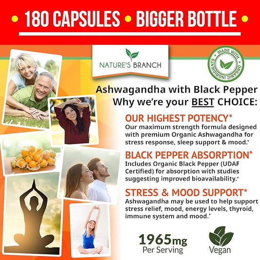 UDAF Certified Organic Ashwagandha with Black Pepper - 180 Capsules - 1965mg Extra Strength for Stress, Sleep, Mood, Thyroid, Focus, Hair, Vegan Pure Root Extract Powder - Men and Women Supplements