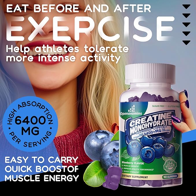 Creatine Monohydrate Gummies Complex 6400mg for Men & Women -Advanced Formula W/L-Taurine + Vitamin B12, Sugar Free Chewable Supplement,90 Blueberry Gummies