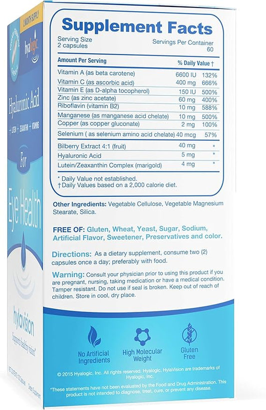 HylaVision Eye Health Supplements: Hyaluronic Acid, (120 Capsules)—