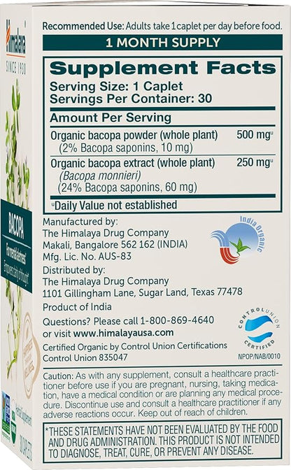 Himalaya Organic Bacopa Monnieri Nootropic Herbal 750 mg, 30 Plant-Based 30 Day