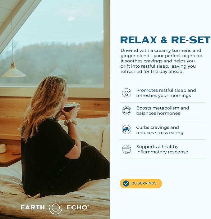 Earth Echo Golden Bliss, Organic Turmeric Superfood Elixir Blend with Ashwagandha Root, MCT Oil and 4 Mushroom Blend for Restful Sleep, Immune Support and Reduces Craving, Dairy-Free, 30 Servings