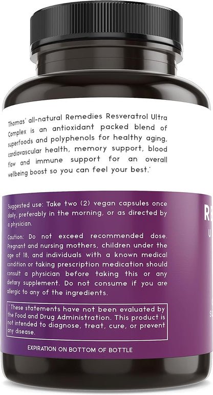 Thomas' all-natural Remedies Resveratrol 1600mg Organic Trans-Resveratrol Antioxidant Supplement with Organic Grape Seed Extract and Quercetin- Anti-Aging and Cardiovascular Support- 120 Capsules