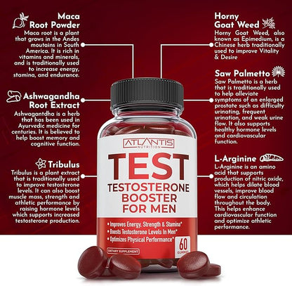 Testosterone Booster For Men Gummies - Male Enhancement, Boosts Energy, & Optimizes Physical Performance. Formulated with Tribulus, Horny Goat Weed, Saw Palmetto, Maca Root & More - 60 Gummies