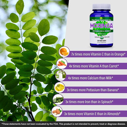 Moringa - Certified Organic Superfood, Whole Body Wellness, Natural Energy Support, Supports Healthy Metabolism - 100 Vegan Capsules