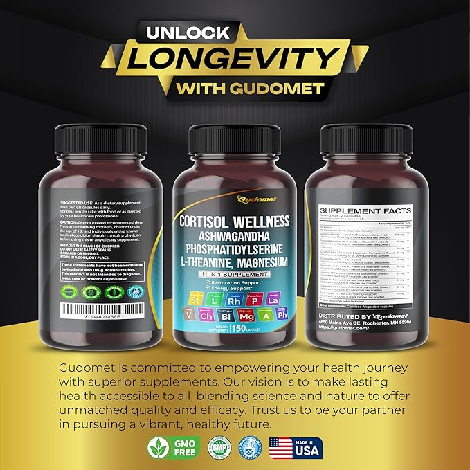 CORTISOL WELLNESS Magnesium Ashwagandha L-Theanine Phosphatidylserine Rhodiola Rosea Passionflower Lavender Chamomile -150 Capsules- Made in USA