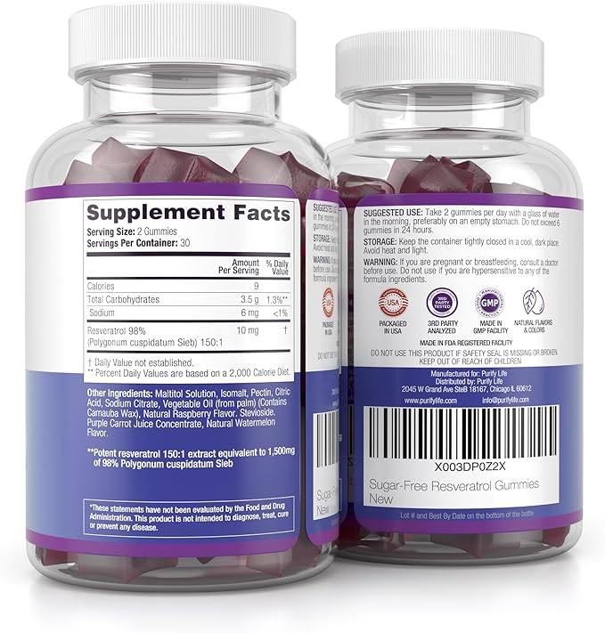 Purify Life Sugar-Free Resveratrol Gummies 1500mg Resveratrol