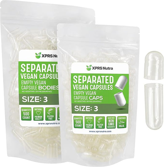 XPRS Nutra Vegan Size 3 Separated Capsules - 500 Count Premium Empty Capsules Separated in Bags - Clear Empty Capsules - Separated Empty Capsules - Pill Capsules Empty for DIY Supplement Filling