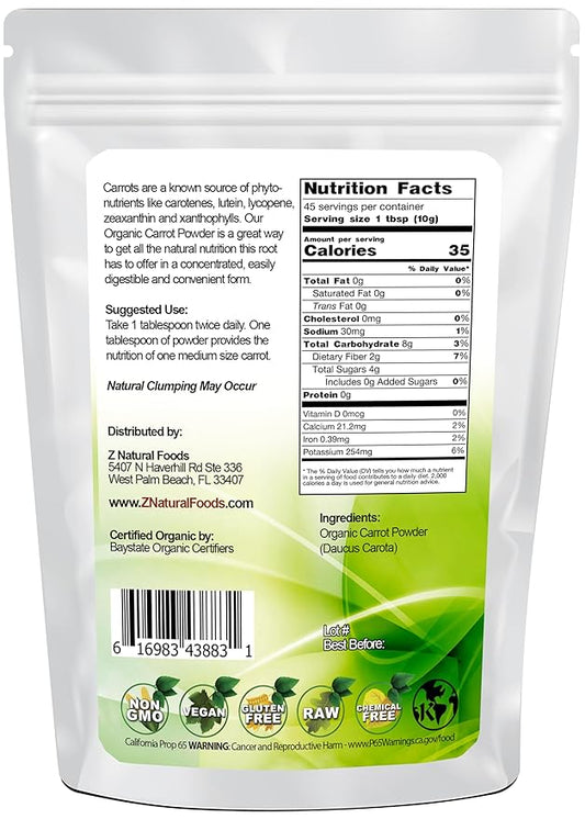 Z Natural Foods Organic Carrot Powder, Natural Superfood Powder for Vision and Heart Health, Great in Juices, Smoothies, and Recipes, Non-GMO, Vegan, Gluten-Free, Kosher, 1 lb.
