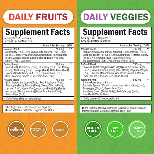 Daily Fruits and Vegetables Supplement for Adults - Super Fruits and Veggies Capsules for Enhanced Energy Gut Health Immune Support & Overall Wellness with 47 Whole Food Fruits and Veggies (1 Month)