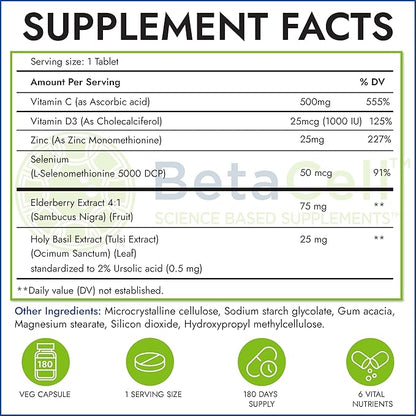 6 in 1 Immune Supplement with Elderberry, Vitamin C and Zinc, Vitamin D and Selenium, Holy Basil - Immunity for Adults Kids, Immune Defense (180 Tablets)