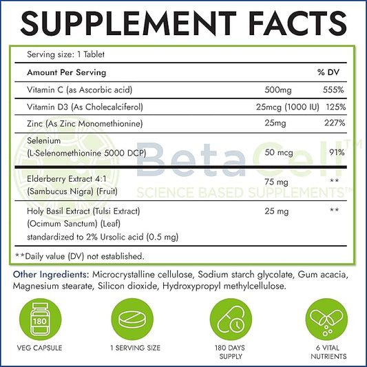 6 in 1 Immune Supplement with Elderberry, Vitamin C and Zinc, Vitamin D and Selenium, Holy Basil - Immunity for Adults Kids, Immune Defense (180 Tablets)