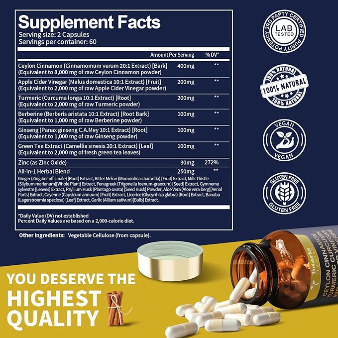 18-in-1 Ceylon Cinnamon Capsules, Ultra Strength 8000mg, Berberine Heart,120 Caps
