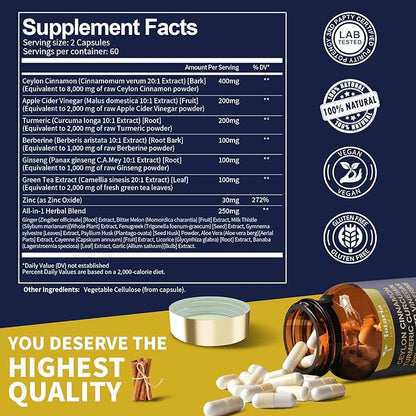 18-in-1 Ceylon Cinnamon Capsules, Ultra Strength 8000mg, Berberine Heart,120 Caps