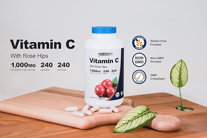 Nutricost Vitamin C with Rose Hips 1025mg, 240 240 Capsules 1,000mg, Rose 25mg, Premium,