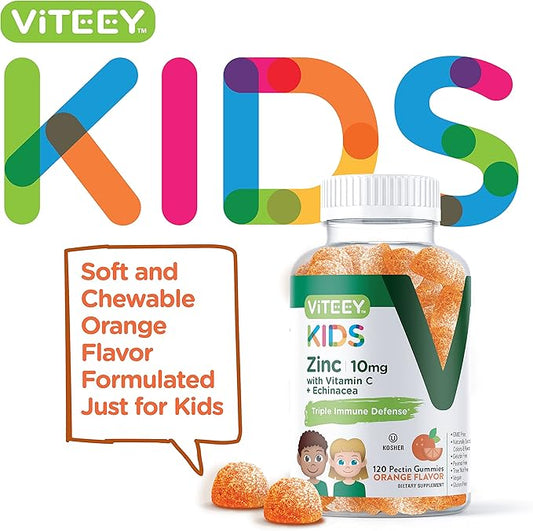 Zinc for Kids Gummies 10mg, with Vitamin C & Echinacea for Kids - Immune Support, Powerful Natural Antioxidant, Kids Zinc Vitamin Supplement - Vegan, Gelatin Free - Tasty Chewable Orange Flavor Gummy