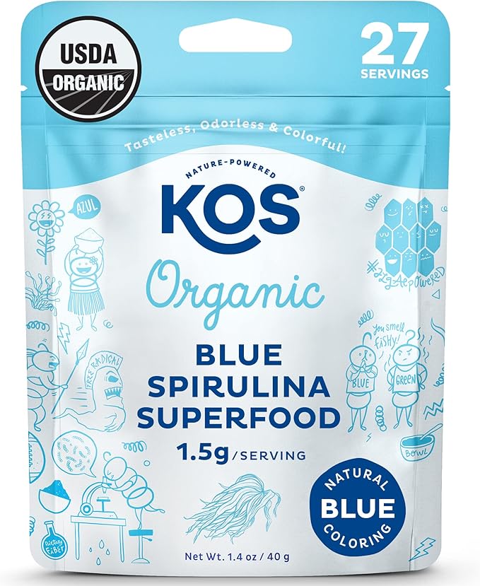 KOS USDA Organic Blue Spirulina Powder, Phycocyanin 27 Servings