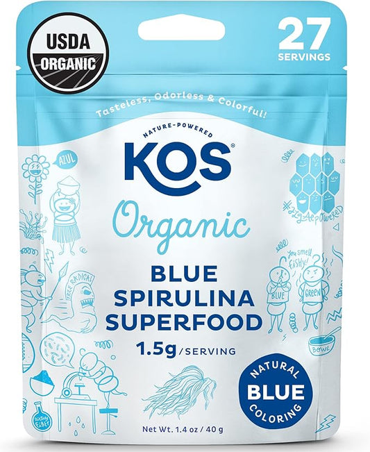 KOS USDA Organic Blue Spirulina Powder, Phycocyanin 27 Servings