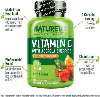 NATURELO Vitamin C with Organic Acerola 500 mg 180 Capsules