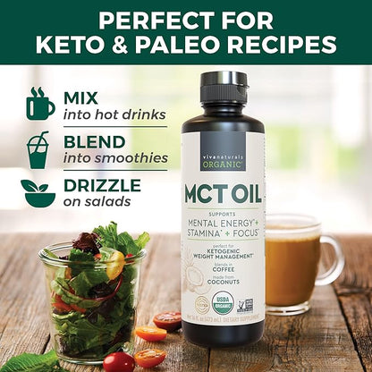 Viva Naturals Organic MCT Oil 16 fl oz - Best MCT Oil Organic for Coffee, MCT Coconut Oil Supports Energy & Mental Clarity, USDA Organic, Non-GMO, Paleo & Keto Certified, MCT Wellness