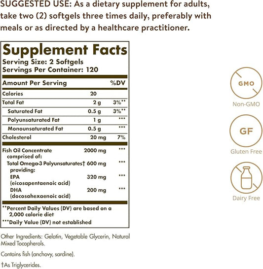 Solgar Omega-3 Fish Oil Concentrate, 240 Softgels 120 Servings