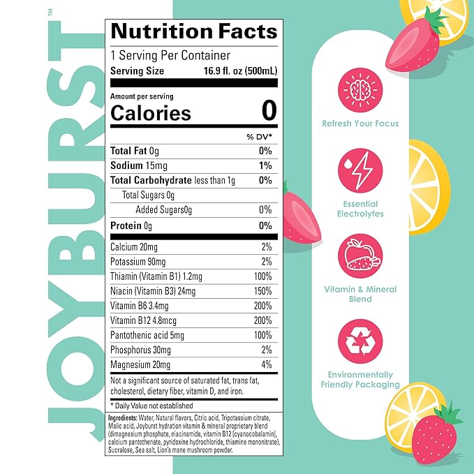 Sugar Free Electrolyte Water, Zero Calorie Hydration Drink, Refresh, Hydrate & Recover, Electrolytes+Vitamin B's + Focus, Comes in Eco-friendly Tetra Pak® packages (Strawberry-lemonade 18 Packs)
