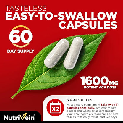 Nutrivein Apple Cider Vinegar Capsules with Mother - 1600mg - 120 Vegan Pills - Supports Healthy Diet, Digestion, Keto, Cleanser - Best Supplement for Immune System - ACV Raw