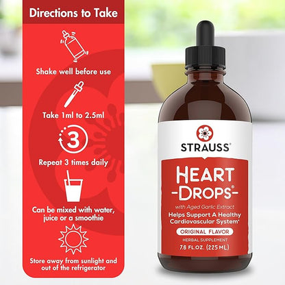 Strauss Naturals Heartdrops, Herbal Heart Supplements 7.6 fl (225ml) Bottle,