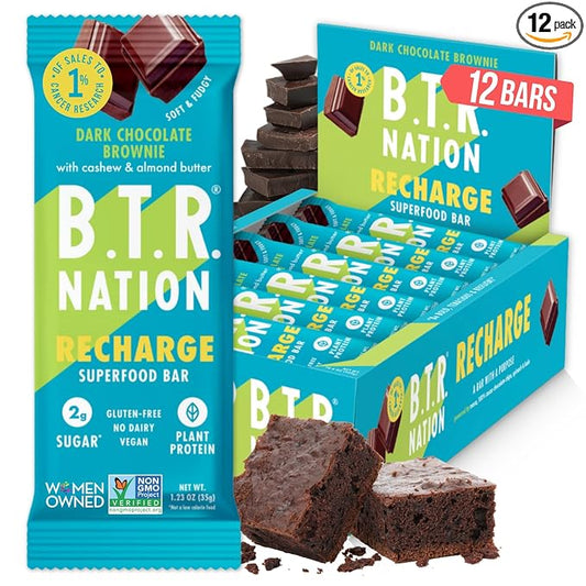 Vegan Keto Superfood Protein Bars, by B.T.R. - Low Carb, Plant Based, and Gluten Free | 12 Bars | Free of Sugar Alcohols and Boosted with Powerful Superfoods - (Brownie RECHARGE)