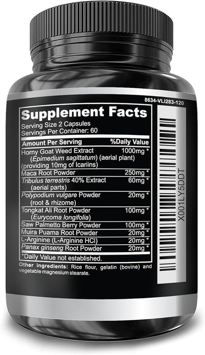 Super Strength 1590mg Horny Goat Weed 120 Capsules With Maca Arginine & Ginseng - Naturally Boost your Health, Workout Performance, Endurance & Energy, Joint Health For Men & Women (120C)