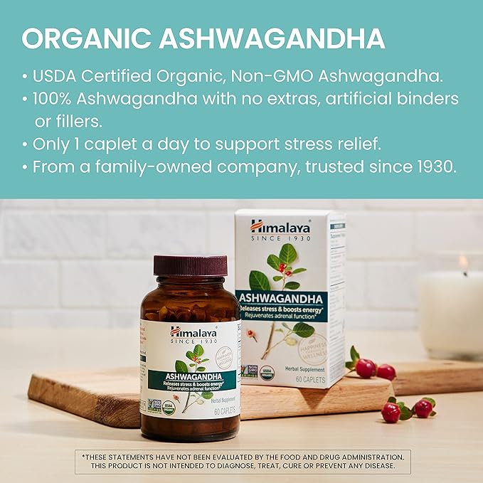 Himalaya Organic Ashwagandha, 120 Day Supply, 670 mg, 60 Caplets, 2 Pack