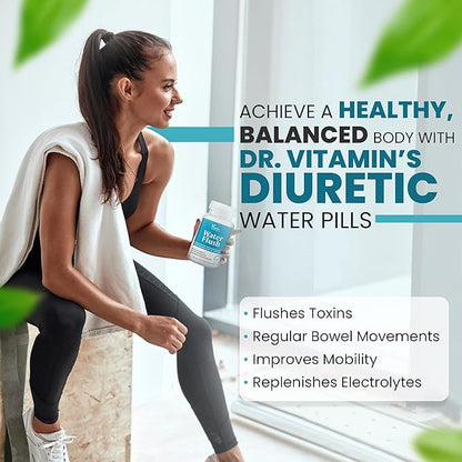 DR VITAMIN SOLUTIONS Diuretic Water Pills for Weight Control, 12 Active Ingredients (Green Tea, Cranberry & More), Instant Relief from Bloat & Swelling, Water Retention Pills for Women & Men - 60 Caps