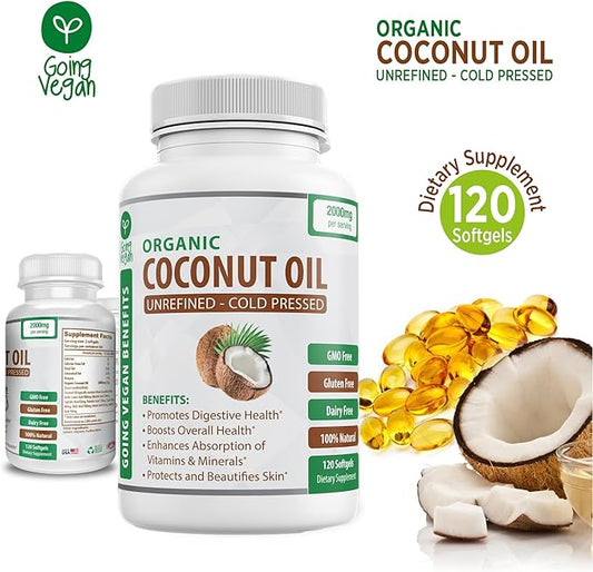 Organic Coconut Oil Capsules 2000mg - 100% Extra Virgin, Cold Pressed for Healthy Skin, Extra Hair Growth, Nail Care, Brain Booster - 120 Softgels - Unrefined Pure & Non GMO Pills - Rich in MCT