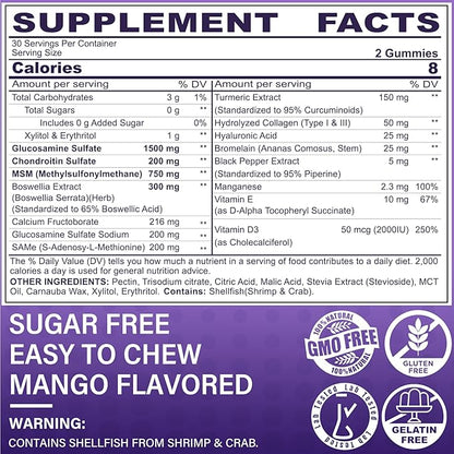 Glucosamine Chondroitin Gummies with MSM, Boswellia Turmeric & Hyaluronic Acid, Extra Strength Joint Support Supplement for Joint Mobility, Comfort, Flexibility, Cartilage and Bone Health, 120 Cts