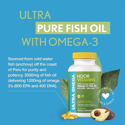 Noor Vitamins Halal Fish Oil, Halal 3 Wild (800 mg 400 mg (120 count)