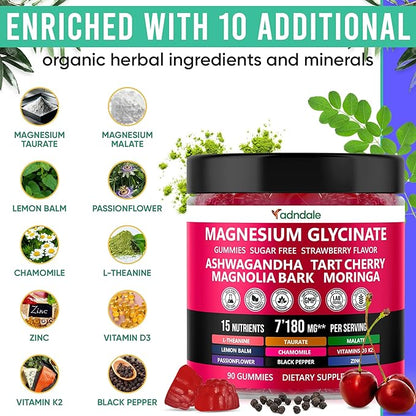 90ct 15-in-1 Magnesium Glycinate Gummies 400 mg/serv- with Magnesium Malate, Ashwagandha, Tart Cherry, Magnolia Bark, Lemon Balm, Passionflower, Chamomile, L-Theanine, Zinc, Vitamin K2 & D3