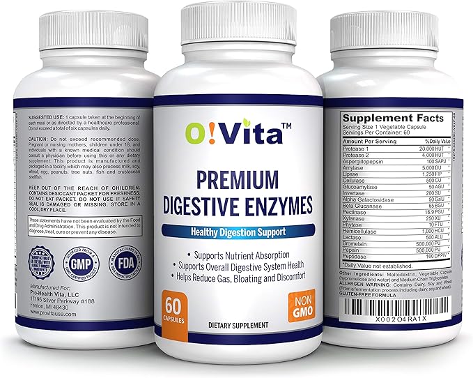 Premium Digestive Enzymes with plant-based enzymes, (60 Non-GMO