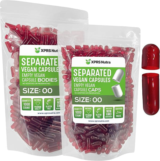 XPRS Nutra Vegan Size 00 Separated Capsules - 1000 Count Premium Empty Capsules Separated in Bags - Separated Empty 00 Capsules - Pill Capsules Empty for DIY Supplement Filling (Clear Red)