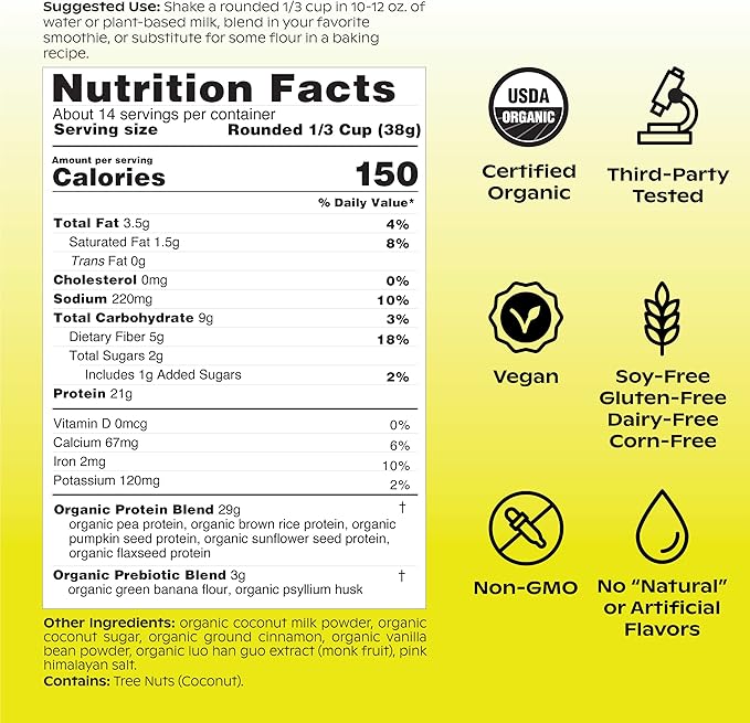 wholier Organic Plant Protein + Prebiotics. 21g of 5g of