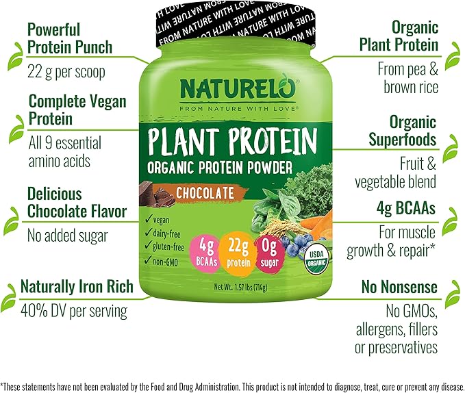 NATURELO Plant Protein Powder, Chocolate, 22g Protein 20 Servings