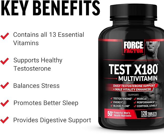 FORCE FACTOR Test X180 Multivitamin for Men Plus Testosterone Support with All 13 Essential Vitamins, for Muscle, Strength, Men’s Health, and Performance, Daily Multivitamin for Adults, 120 Tablets